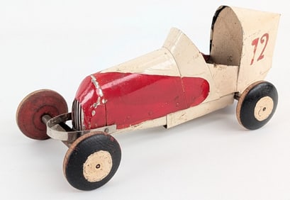Vintage Folk Art Wooden Racer / Race Car Toy / Made From Tobacco / Coffee Can