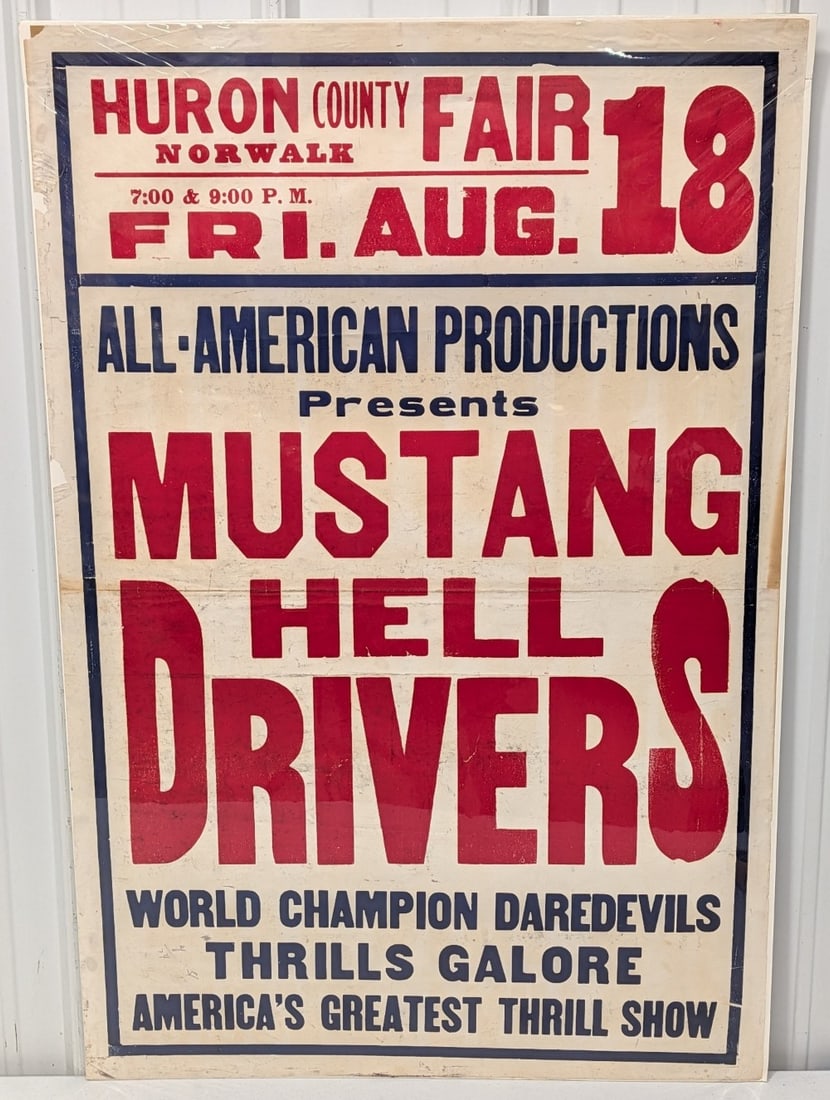 Large Vintage Huron Co. Fair Mustang Hell Drivers Daredevil Thrill Show Poster 42x28 (1 of 6)