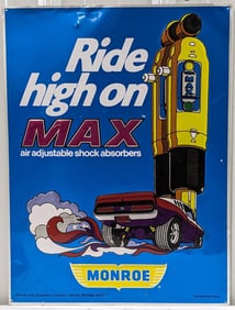 Vintage SST Monroe Max Shock Absorbers Embossed Sign w/ Muscle Car Graphics