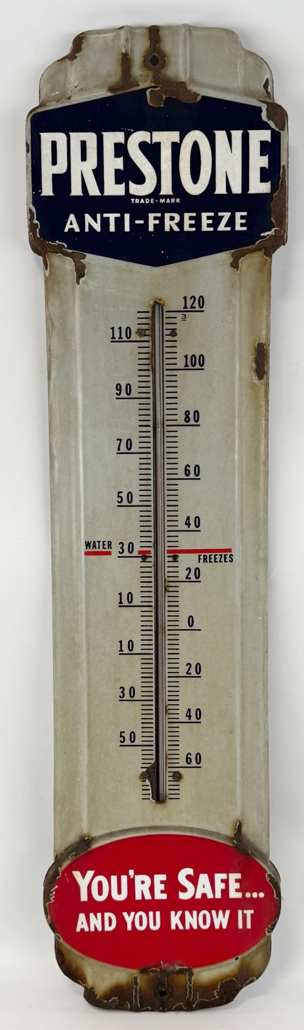 3ft Vintage SSP Prestone Anti-Freeze Embossed Thermometer Sign: Vintage single sided embossed porcelain Prestone Anti-Freeze advertising thermometer sign. Has porcelain loss, rust damage, and other wear from use and age. The wood thermometer tube holder does have