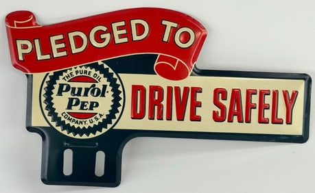 Vintage Pure Oil Co. Purol-Pep Embossed Tin License Plate Topper