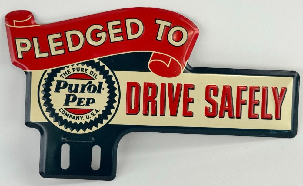 Vintage Pure Oil Co. Purol-Pep Embossed Tin License Plate Topper (1 of 4)