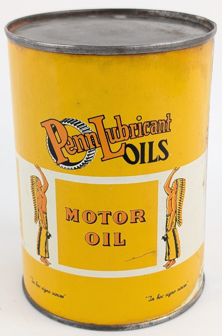 HTF Vintage Penn Lubricant Oils Motor Quart Can w/ Native American Graphcis: Incredible vintage hard to find Penn Lubricant Oils Motor Oil one quart metal can with Native American graphics. Can was emptied ?from the bottom. Has some scratches, paint loss, discoloration, and ot