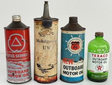 Lot Of 4 Vintage Outboard Boat Motor Oil Cans / Gargoyle Phillips 66 Texaco Cities Service