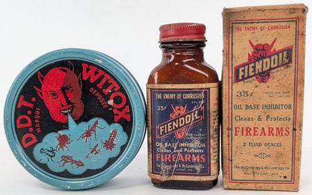 Vintage Witox DDT Insecticide Can & Fiendoil Bottle w/ Devil Graphics