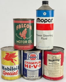 Lot 5 Vintage One Quart Metal Oil Cans / Falcon / Mopar / Indian Motorcycle