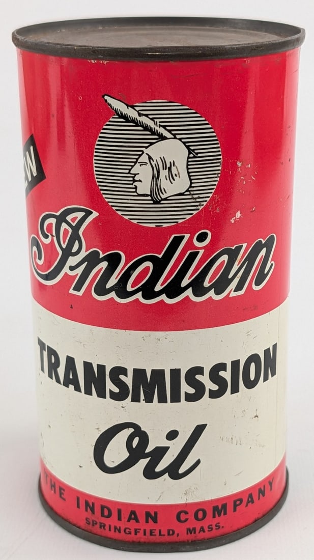Full Vintage Indian Motorcycle Transmission Oil One Pint Metal Can: Full vintage one quart Indian Motorcycle Transmission Oil one pint metal oil cans. Appears to be in good condition with some discoloration, paint loss, and other wear from age and storage. Displays we