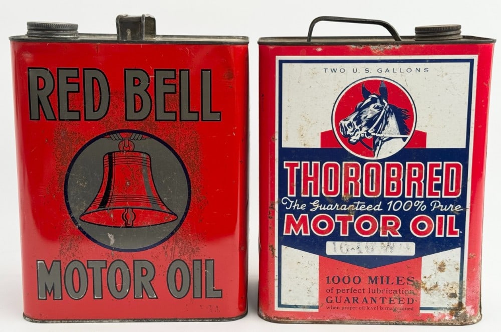 2) Vintage Two Gallon Motor Oil Cans / Red Bell & Thorobred (1 of 6)