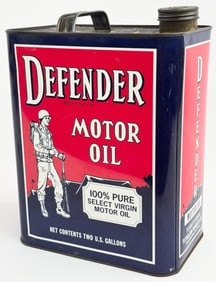 Vintage Defender Motor Oil Two Gallon Oil Can w/ Soldier Graphics