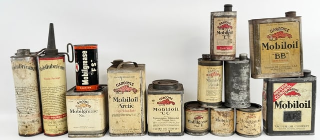 Large Collection Of Early Gargoyle Mobiloil / Grease & Oil Cans / SOCONY-Vacuum