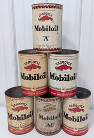 6) Vintage SOCONY Gargoyle Mobiloil 5 Quart Oil Cans