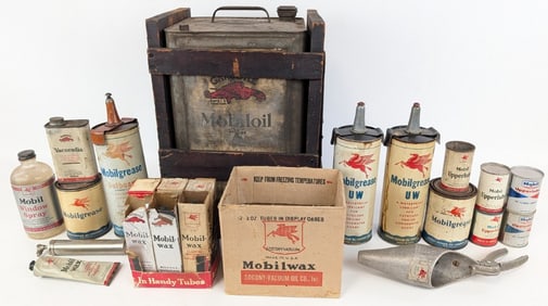 Large Lot Of Vintage Mobil Oil Cans & More / Gargoyle / Pegasus / Upperlube