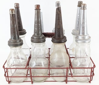 (8) Glass Quart Oil Bottles w/ Gargoyle Mobiloil Embossed Spouts & Carrier