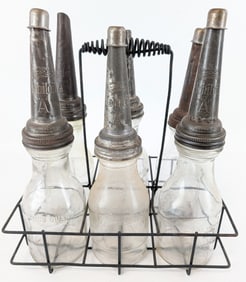 (6) Mobil Glass Quart Oil Bottles w/ Gargoyle Mobiloil "A" Embossed Spouts & Carrier