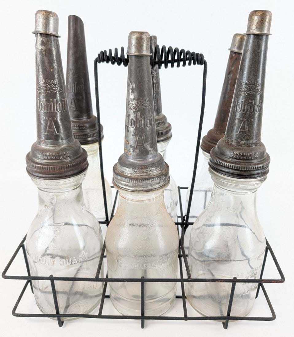 (6) Mobil Glass Quart Oil Bottles w/ Gargoyle Mobiloil "A" Embossed Spouts & Carrier (1 of 11)