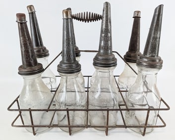 (8) Glass Quart Oil Bottles w/ Gargoyle Mobiloil Embossed Spouts & Carrier