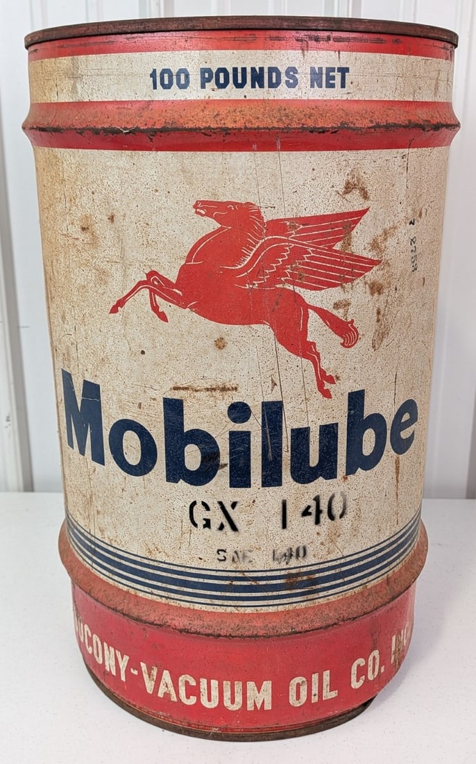Vintage Mobilube 100lb Oil Drum / Oil Can / Mobil Pegasus (1 of 7)