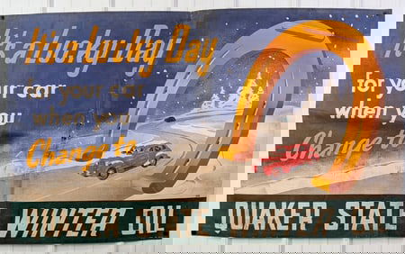 Nearly 5ft 1940s Quaker State Motor Oil Banner w/ Automobile Graphics