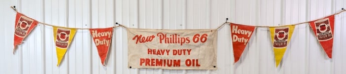 Large Vintage Phillips 66 Motor Oil Cloth Banner w/ Pennants / Oil Cans / Gas Station