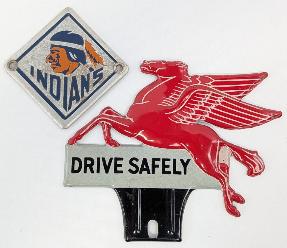 2) Vintage License Plate Toppers / Mobilgas / Smaltz Indians (1 of 8)