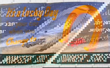 Nearly 5ft 1940s Quaker State Motor Oil Banner w/ Automobile Graphics