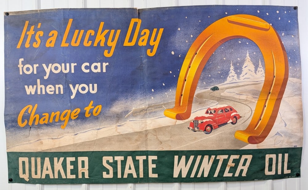 Nearly 5ft 1940s Quaker State Motor Oil Banner w/ Automobile Graphics: Original vintage 1940s Quaker State Motor Oil heavy paper advertising banner. Has discoloration / staining, tears, creases, and other damage from use and age. Still displays very well with great color