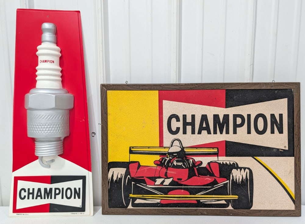 2) Vintage Champion Spark Plugs Advertising Signs / Vacuum Formed / Indy Car Racing (1 of 11)