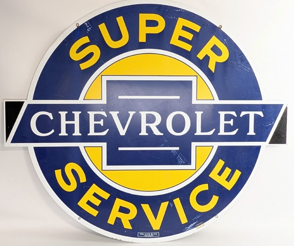 Reproduction Chevrolet Service Sign: Reproduction double sided Chevrolet sign. The sign has scratches and wear from handling and display. Measures approximately 49" across by 42" tall. REF#PXD8011