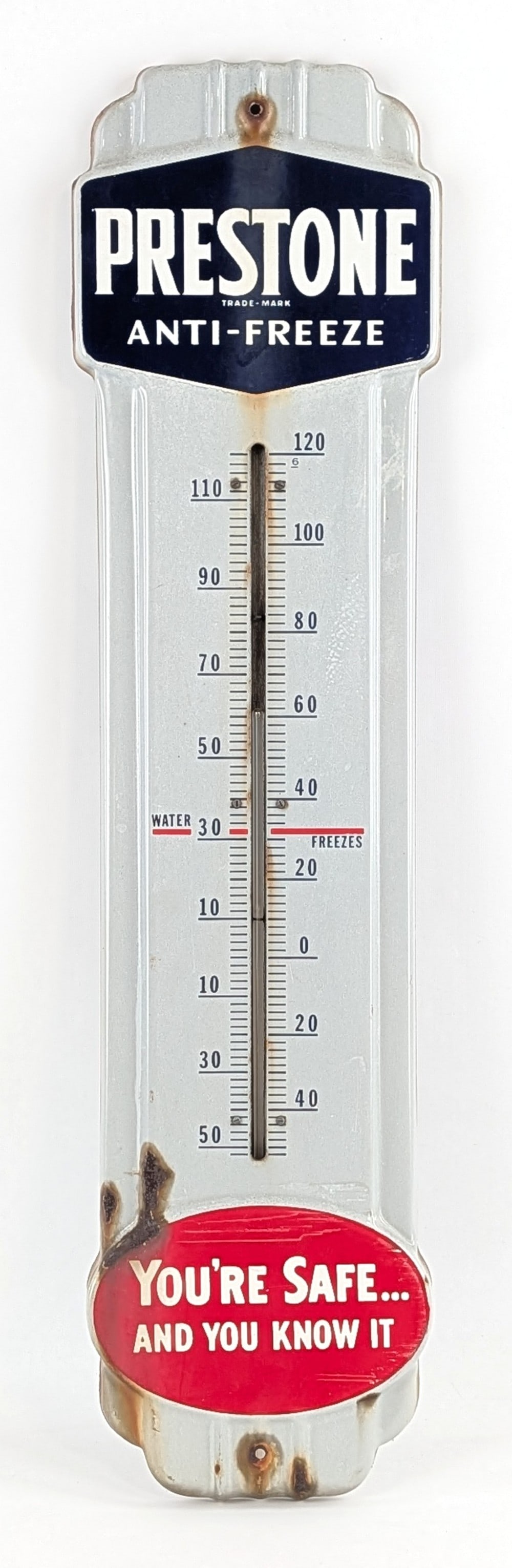 Vintage SSP Prestone Anti-Freeze Advertising Thermometer: Vintage single sided porcelain Prestone Anti-Freeze advertising thermometer. The thermometer has surface rust, chips, and discoloration from use and age. The thermometer tube is loose. Measures