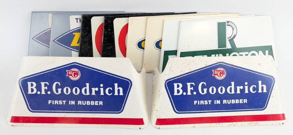 (5) Vintage Advertising Tire Display Stands: (5) Vintage advertising tire display stands. The stands include B.F. Goodrich, Remington, Goodyear, General Tire, and Delta. The stands show paint loss, some have surface rust, and wear from use and