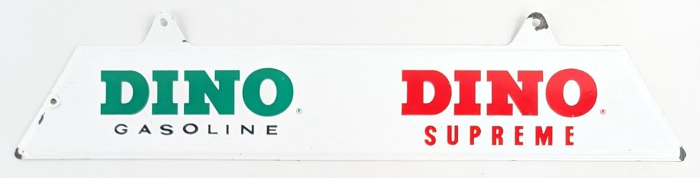 SSP Sinclair Dino Gasoline & Dino Supreme Pump Plate: Single sided porcelain Dino Gasoline and Dino Supreme pump plate. The plate shows a chip on the lower right, lower left, and around the mounting holes. Measures approximately 22" across by 4-3/4"