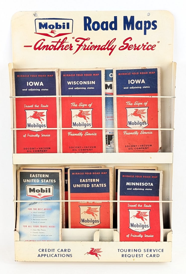 Vintage SST Mobilgas Road Maps Service Station Display Rack w/ Maps: Vintage single sided metal Mobilgas Road Maps service station display rack full of vintage maps. The display rack appears to be in good condition with paint loss and other wear form use and age. It