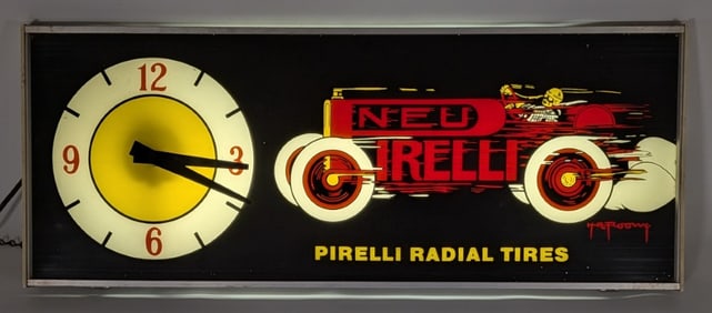 Vintage Pirelli Radial Tires Lighted Clock By NPI w/ Racer Graphics