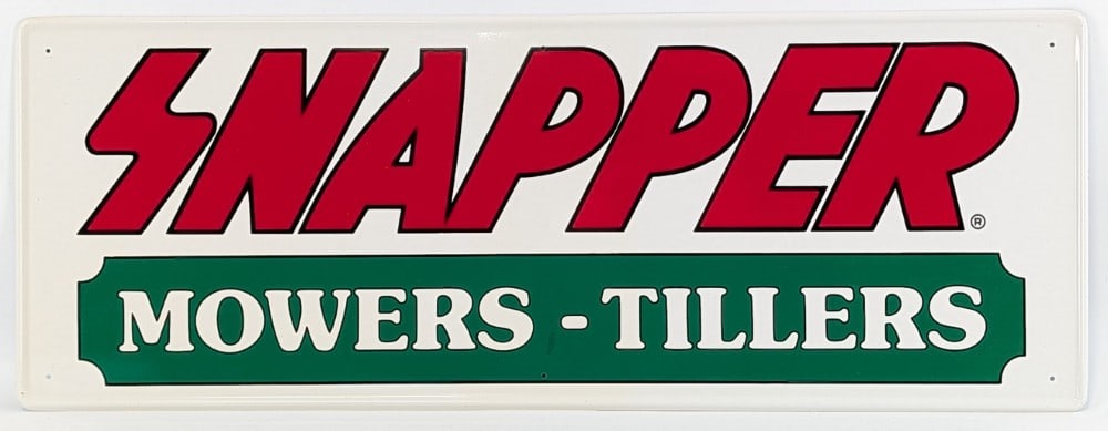 Vintage SST Snapper Mowers & Tillers Advertising Sign: Vintage single sided metal Snapper Mowers & Tillers advertising sign. Appears to be in excellent condition with light scratches and wear from age and storage. Measures approximately 32in across by