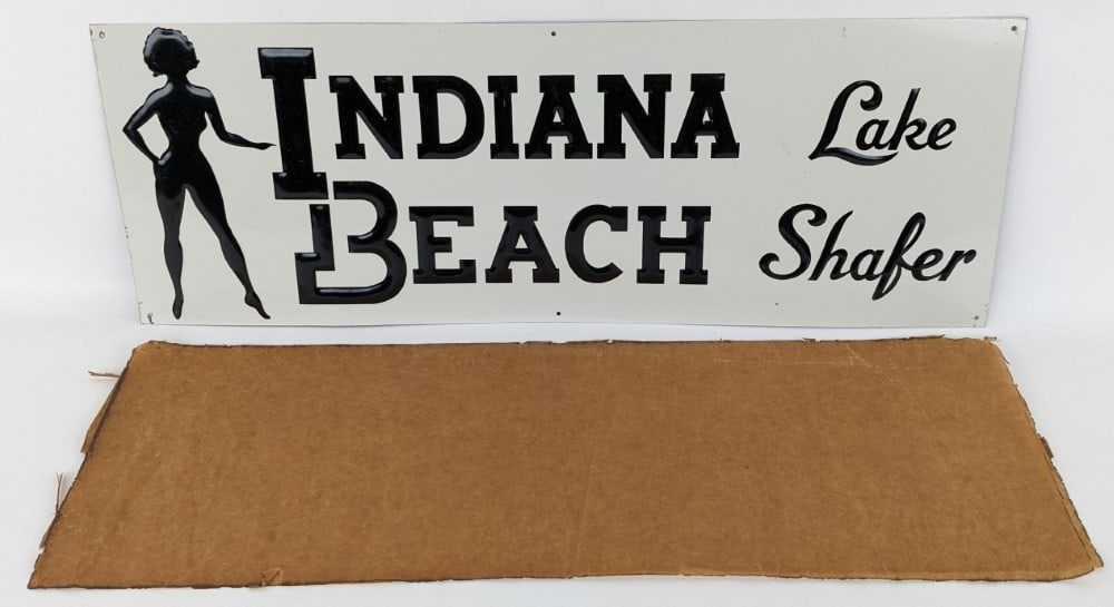 NOS Vintage SST Lake Shafer Indiana Beach Amusement Park Sign: New old stock vintage single sided embossed tin Indiana Beach Lake Shafer advertising sign with original rice paper. Appears to be in very nice condition with some light scratches / paint loss from ag