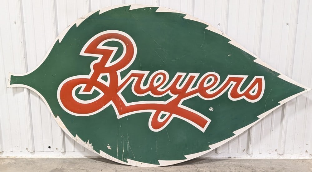 Large SST Breyers Ice Cream Embossed Advertising Sign: Large single sided embossed metal Breyers Ice Cream advertising sign. Has paint loss, scratches, and other wear from use and age. Displays well with embossed lettering. It measures approximately 82in