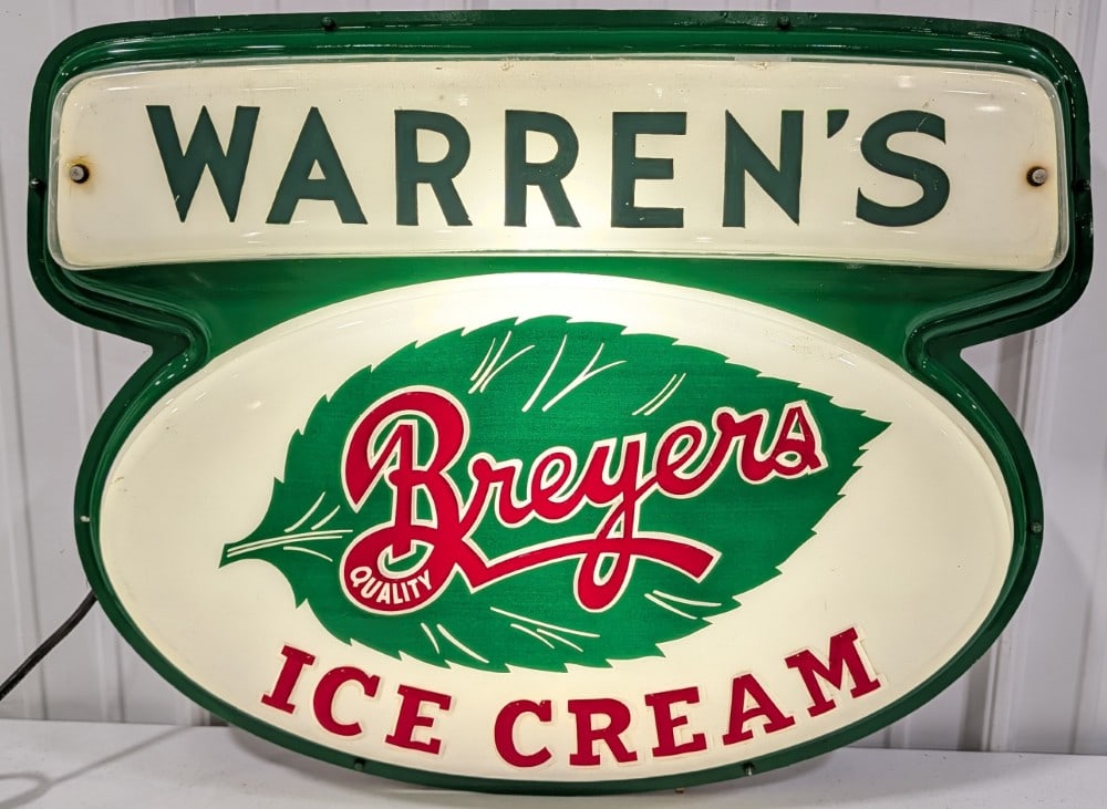 Vintage Breyers Ice Cream Embossed Lexan Lighted Sign: Vintage single sided embossed lexan Breyers Ice Cream lighted sign. Appears to be in nice working condition with some paint loss, minor hairline cracks, scratches, and other wear from use and age. It