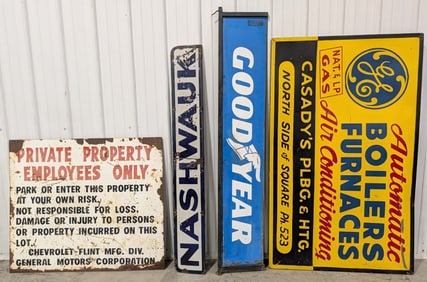 4) Large Vintage Advertising Signs / Goodyear / GE / Chevrolet / Nashwauk