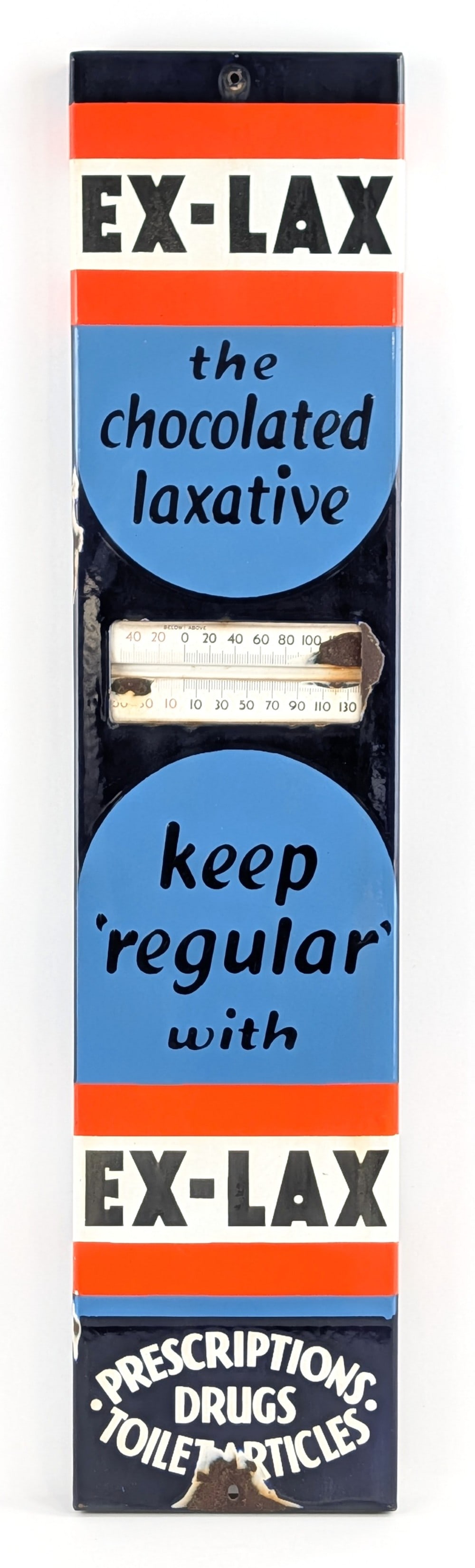 SSP Ex-Lax Chocolated Laxative Advertising Thermometer: Vintage single sided porcelain Ex-Lax Chocolated Laxative advertising thermometer / sign. It is missing the thermometer tube. The sign has some porcelain loss and wear from use and age. Displays well