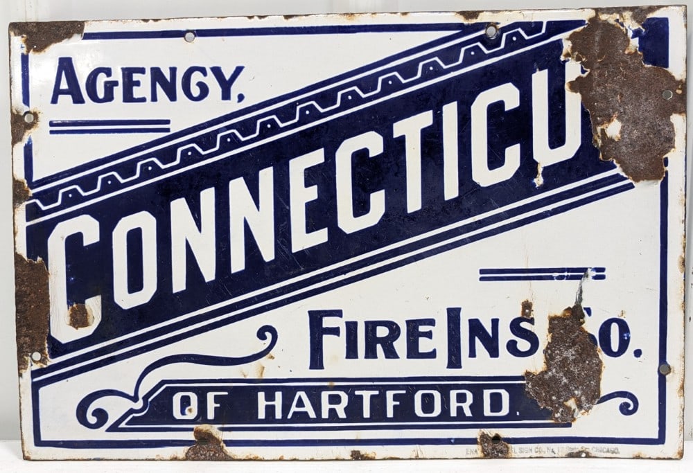 Vintage SSP Connecticut Fire Insurance Advertising Sign: Vintage single sided porcelain Connecticut Fire Insurance advertising sign. Has porcelain loss, scratches, and other damage and wear from age. It measures approximately 18in across by 12in tall