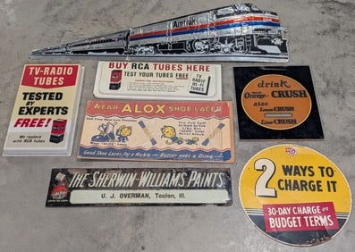 Lot of Vintage Advertising Signs / Amtrak / Orange Crush / RCA / BF Goodrich / Sherwin Williams