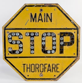 Vintage Embossed Main Thorofare Stop Sign w/ Glass Catseye Reflectors / Road Sign