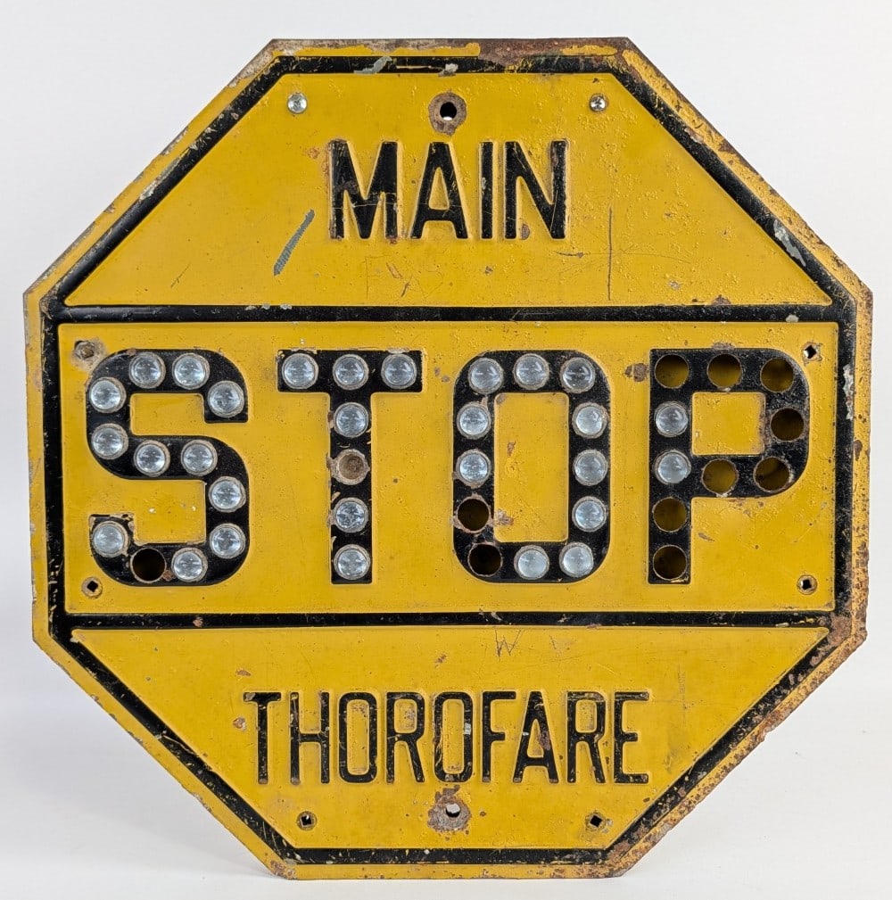 Vintage Embossed Main Thorofare Stop Sign w/ Glass Catseye Reflectors / Road Sign (1 of 8)