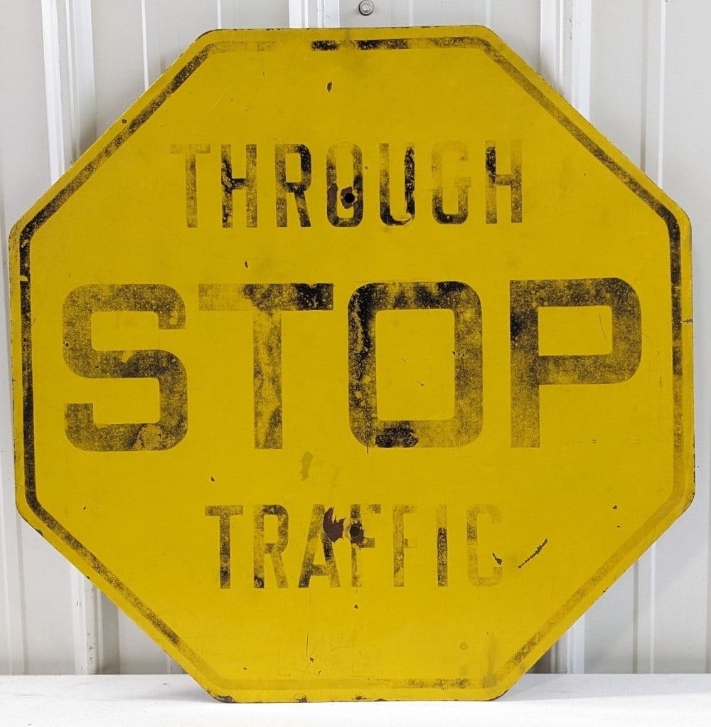 2ft Vintage Yellow Stop Through Traffic Road Sign (1 of 5)