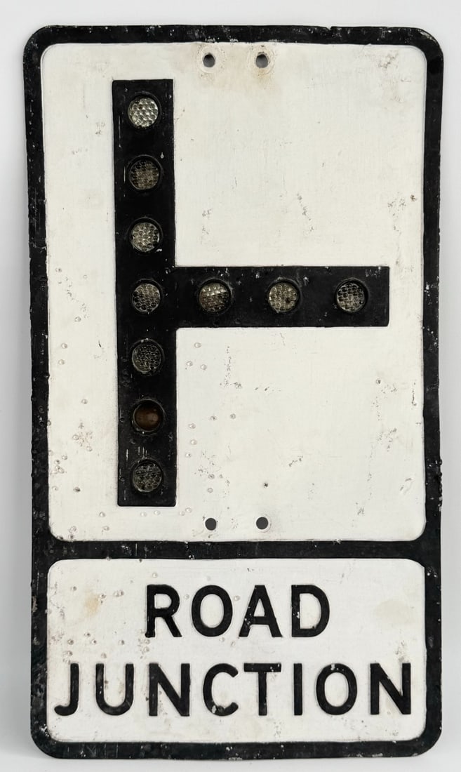 Vintage SST Embossed Road Junction Road Sign w/ Glass Reflectors: Vintage single sided embossed metal road junction road sign with glass reflectors. Has older repaint with paint loss, damaged glass reflectors, and other wear from use and age. It measures approximate