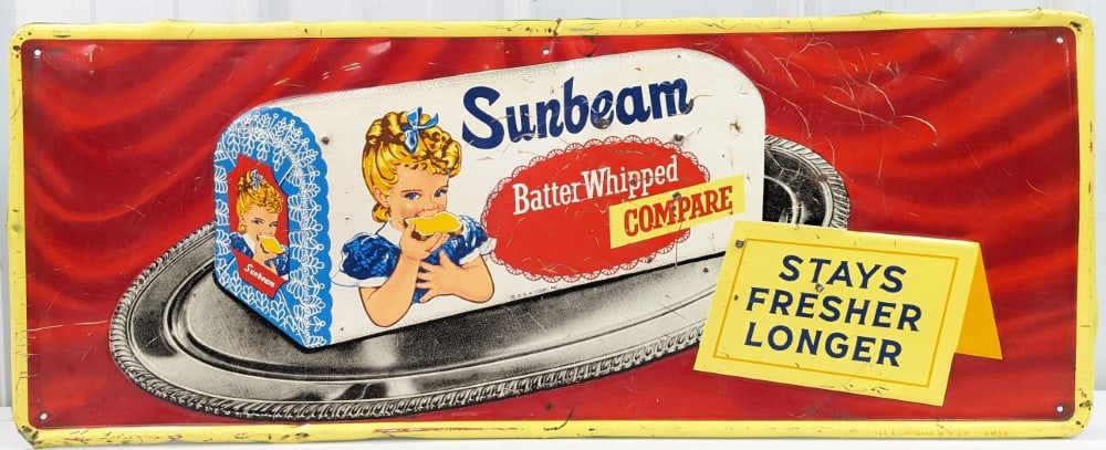 Vintage SST Sunbeam Bread Advertising Sign: Vintage single sided tin Sunbeam Bread advertising sign. Has paint loss, scratches, shot damage, bends, and other wear \ damage from use and age. Still displays well with great colors and graphics. It