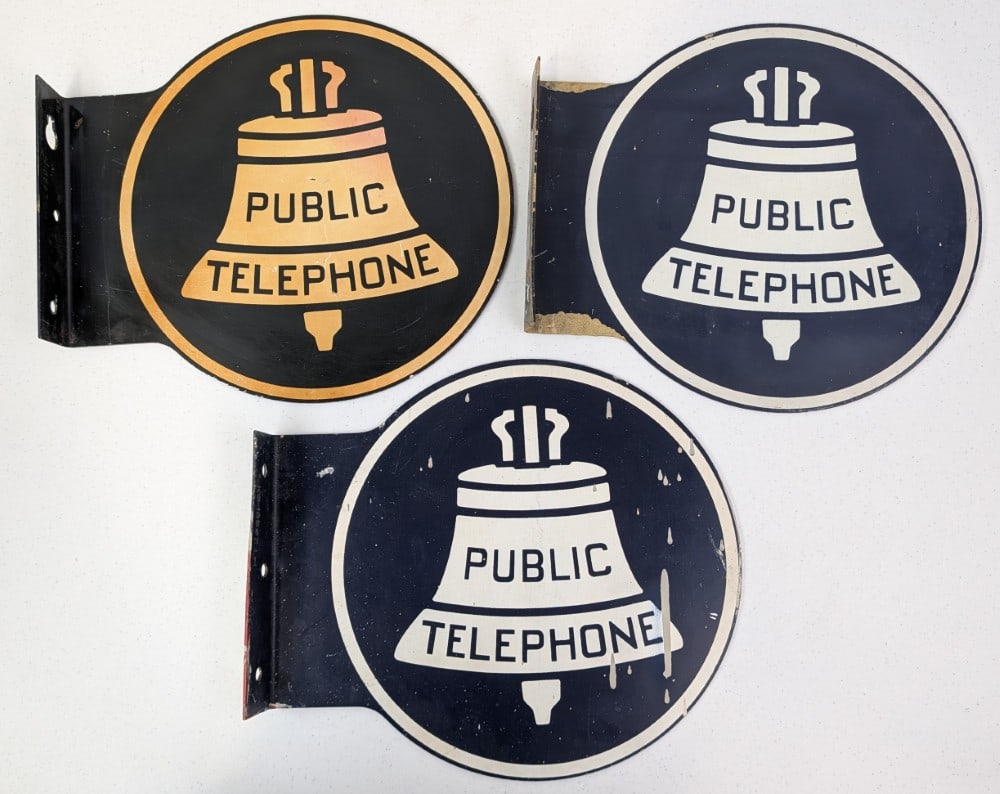 3) Vintage 13in DST Bell Public Telephone Flange Advertising Signs (1 of 7)