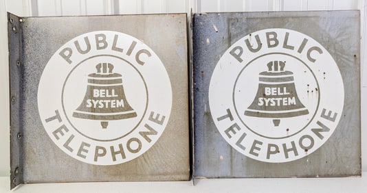 2) Vintage 18in DSP Bell Public Telephone Flange Advertising Signs