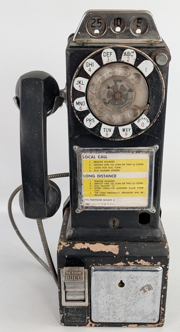 Vintage Bell System Western Electric 3-Slot Payphone / Coin Operated: Vintage Western Electric Co. Bell System three slot coin operated payphone. Unrestored original condition with paint loss, plate loss, scratches, surface rust, and other wear from use and age Untested