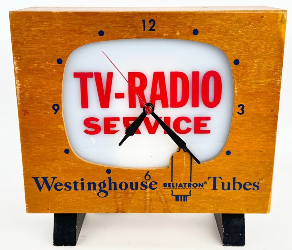 Vintage Westinghouse Tubes TV-Radio Service Lighted TV Countertop Clock: Unique hard to find original vintage Westinghouse TV & Radio Tubes lighted TV shaped countertop advertising clock. Appears to be in overall good working condition for its age. Has paint loss, weatheri